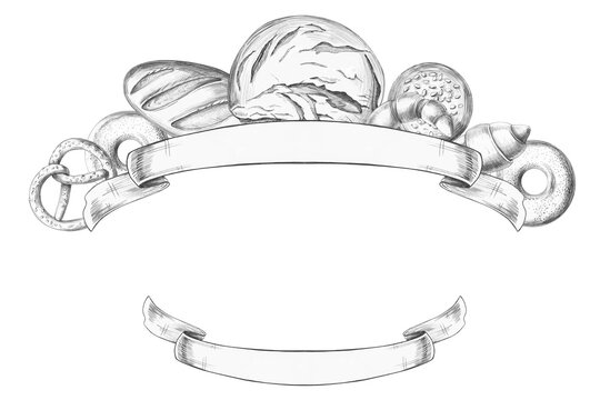 Shaped frame featuring baked goods and a ribbon for text. An isolated pencil-style illustration suitable for bakeries, food delivery services, kitchen textiles, and menus.