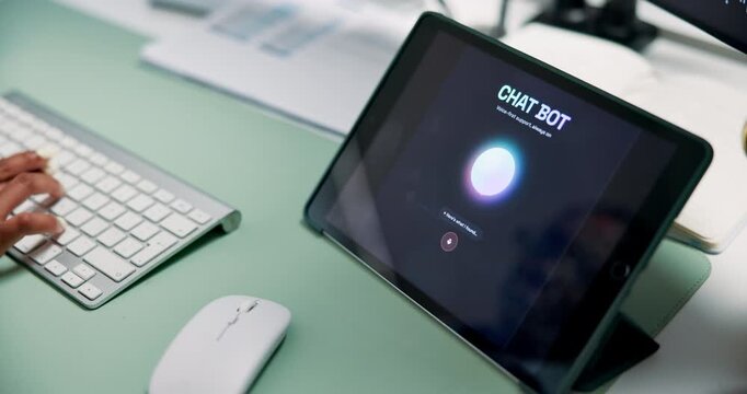 Programmer, hand or tablet screen with keyboard, typing code or software development for chatbot. Tech, woman or developer in office with ai token, neural network training or communication simulation