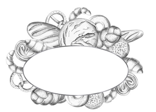 Buns inside an oval frame with space for text. Suitable for a bakery, pastry studio, cooking class, gastro-bar, bread assortment packaging, restaurant serving homemade baked goods, or a food blogger.