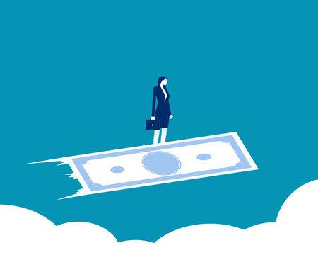 Businessman Flying on Money Carpet. Financial Growth and Investment Concept