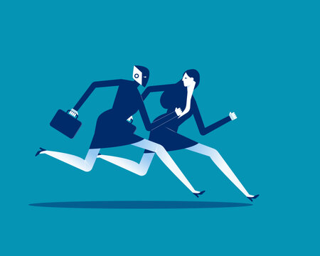 Business Artificial intelligence. Businesswoman and robot running a race
