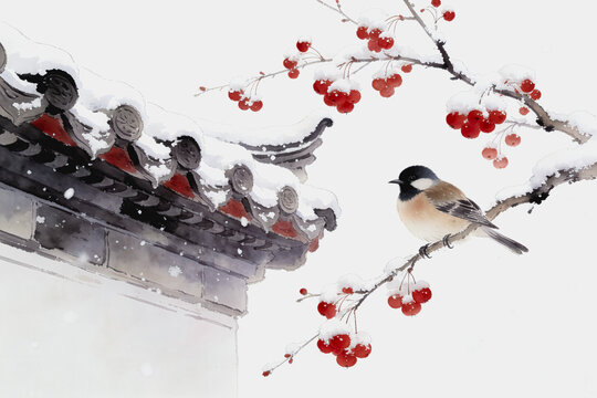 Winter Scene with Bird, Red Berries and Traditional Roof