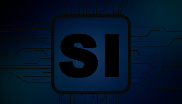 Development of artificial superintelligence, SI processor chip icon on high tech microchip pattern background