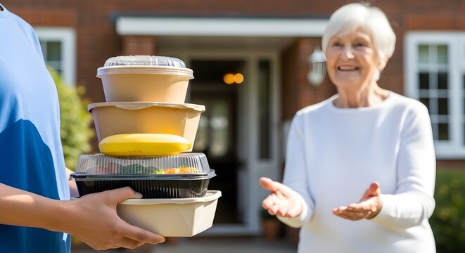 Food Delivery for Seniors featuring a courier holding a stack of healthy meal containers for an elderly woman at her doorstep, ideal for elderly care services and meal prep marketing.