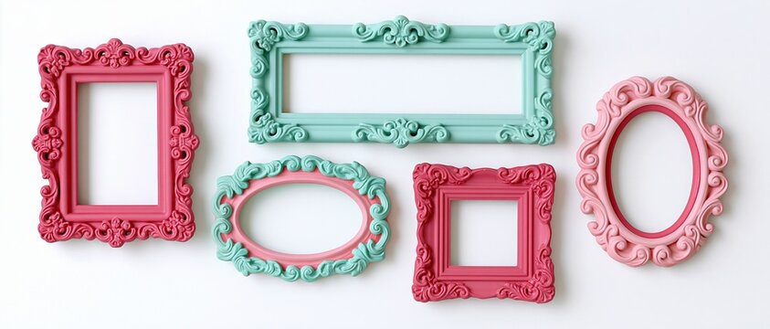Six ornate baroque-style picture frames in pink and mint arranged on a white background