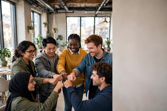 Diverse startup team fist bumping, unity and teamwork