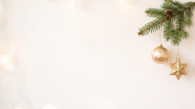 Elegant minimalist Christmas background featuring a fir branch decorated with gold bauble and star ornaments with copy space
