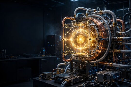 Quantum computer with glowing golden core in dark laboratory