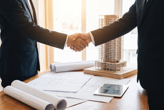 Two business partners shake hands in front of a model of a skyscraper, surrounded by blueprints and a tablet, signifying a successful deal in architecture or urban development.