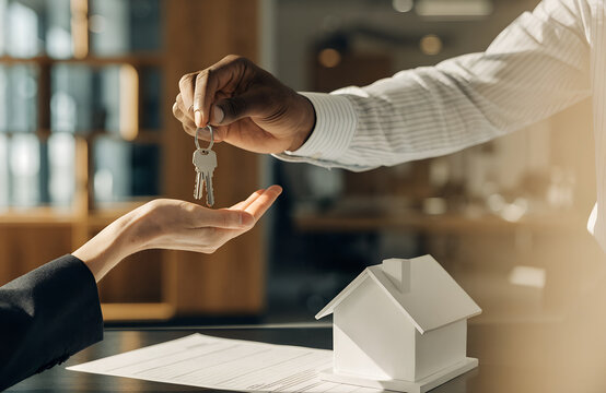 A real estate agent hands over a set of keys to a new homeowner, symbolizing the successful closing of a property sale with a house model on the table.