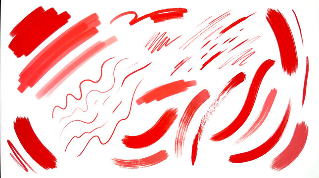 Colecci&oacute;n de trazos rojos espont&aacute;neos y variados, con diferentes grosores, formas e intensidades, aislados sobre fondo transparente para dise&ntilde;o gr&aacute;fico y proyectos creativos.