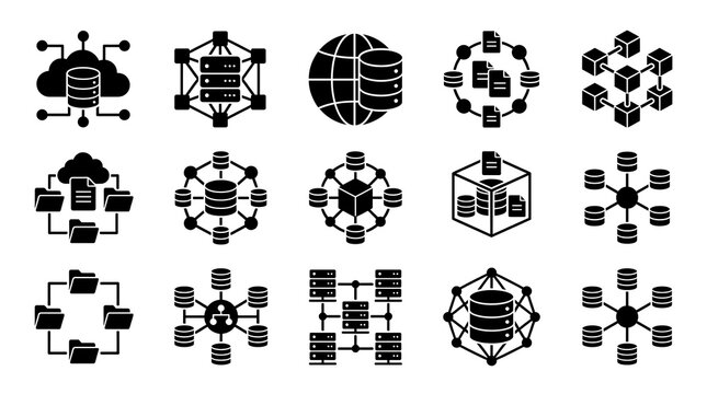 Set of black data center and cloud computing network icons on white