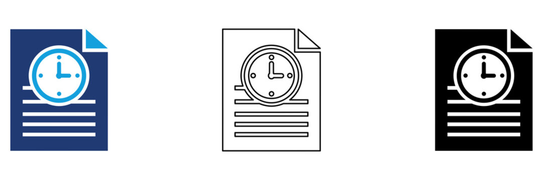 Multicolor Timed Document Icon Set with Filled and Outline Styles for Document Scheduling Deadline Tracking Record Management and Time Sensitive Reports Isolated on Transparent Background