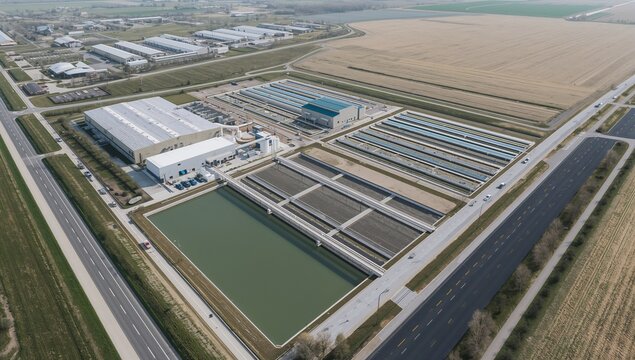 Green clarifier basin and covered filter beds beside a wide highway