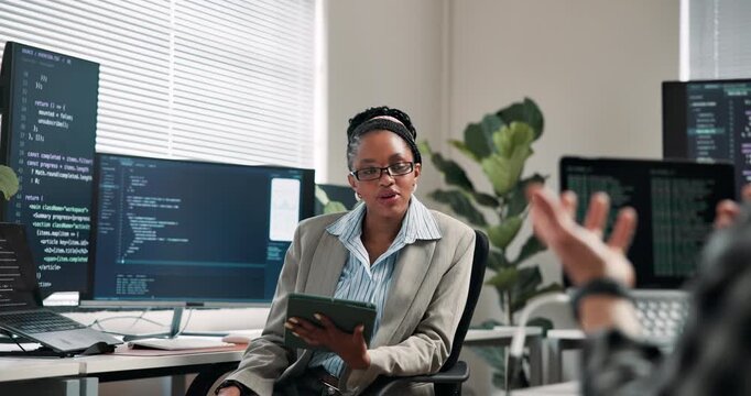 Programming, woman or tablet in office for advice, code review or share knowledge for bug trace. Coworking team, mentor or tech screen for pull request, logic debate or developer support in debugging