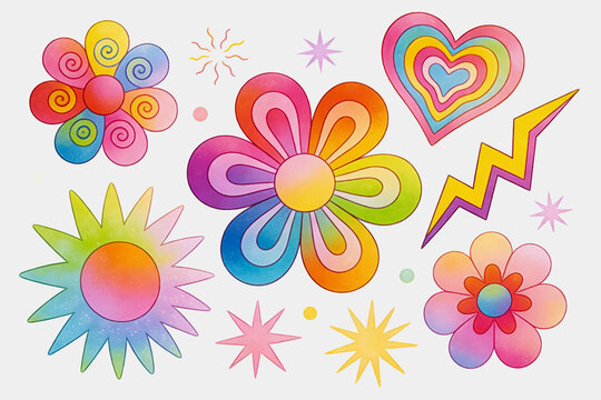 Vintage Psychedelic Groovy Floral and Symbol Sticker Set
