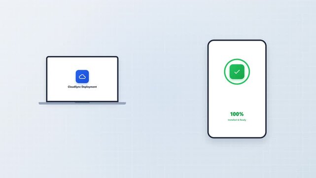 Clean 2D UI motion graphics showing an app icon flying along a smooth arc trajectory from a laptop to a smartphone, triggering a circular installation progress ring with a green success state.
