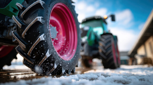 Close-up of frost-covered tractor wheel on snowy field used in winter maintenance guides, tire traction analysis and rural equipment safety check for farm operations
