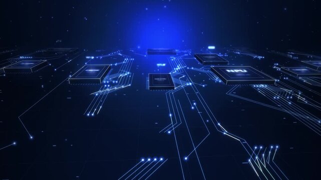 Flying Over Blue Circuit Board With CPU and GPU Chips and Data Pulses