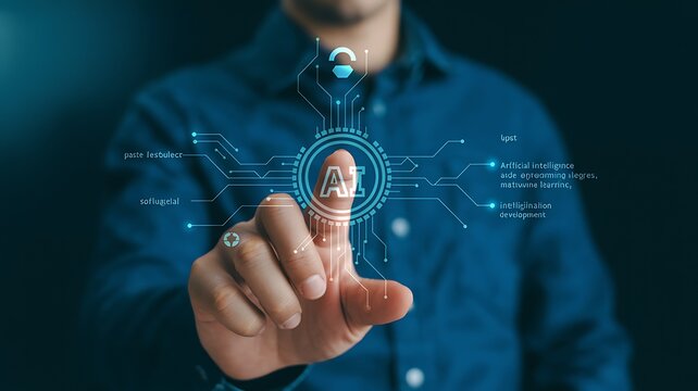Software developer interacts with conversational artificial intelligence through an advanced AI chatbot, enabling generative automation, natural language processing, smart communication, productivity