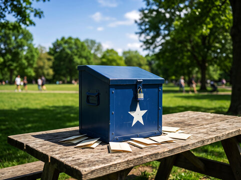 Blue election ballot box with white star and padlock on wooden picnic table in park setting.