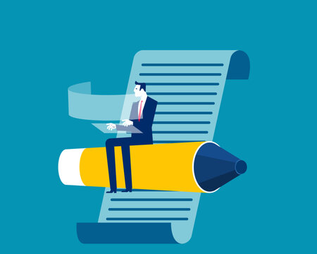 Tecnologyg  business marketing. Businessman sitting on pencil and finding investment
