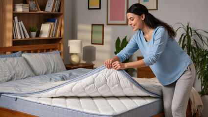 Obraz premium Smiling woman lifts a quilted mattress topper while making a neatly styled bed in a bright cozy bedroom with bookshelves, plants and soft natural decor