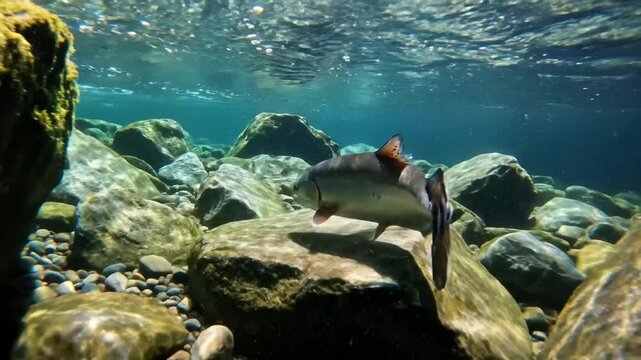 Underwater view of a wild river with clear water and a single fish swimming among smooth river rocks