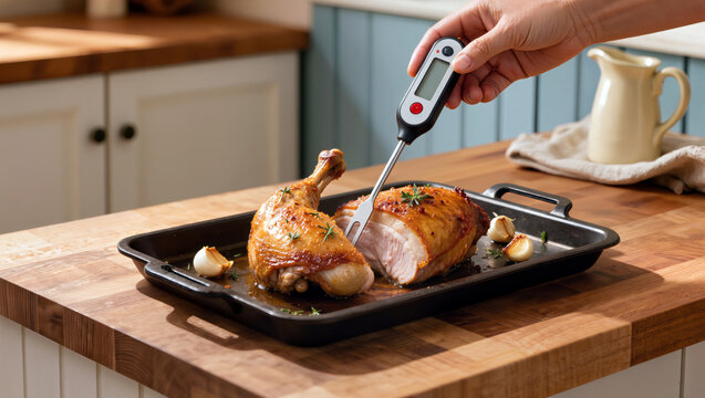 Adult hands check the doneness of golden roasted chicken with a digital probe thermometer in a baking tray, highlighting food safety and precise home cooking on a butcher block countertop