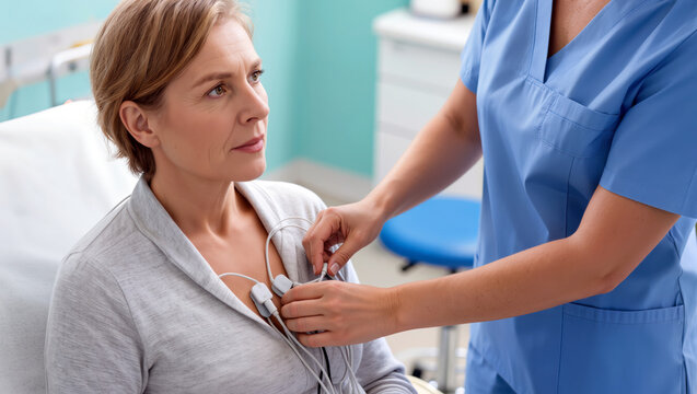 Nurse attaching ECG electrodes to the chest of an apprehensive adult woman during medical examination preparation, with visible wires in a close-up patient care scene