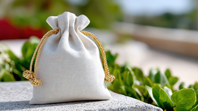 Simple cinch drawstring bag mockup styled outdoors on stone with greenery for product packaging presentation and gift display
