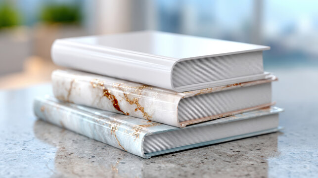 Stacked book cover mockup templates with marble dust jacket covers on polished stone countertop for luxury book design, print previews and branding display closeup