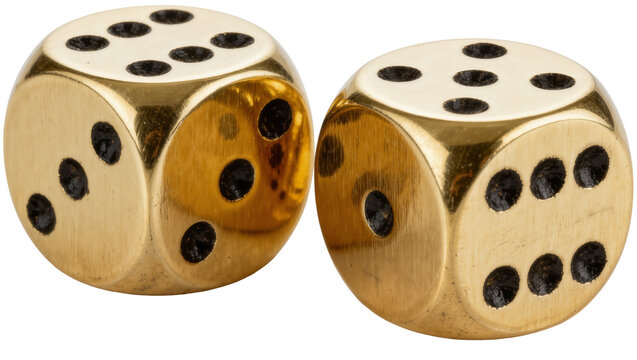 Two shiny golden dice with black pips showing numbers, isolated on transparent background