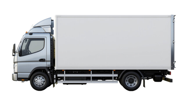 Silver modern box truck with white cargo container, isolated on transparent background