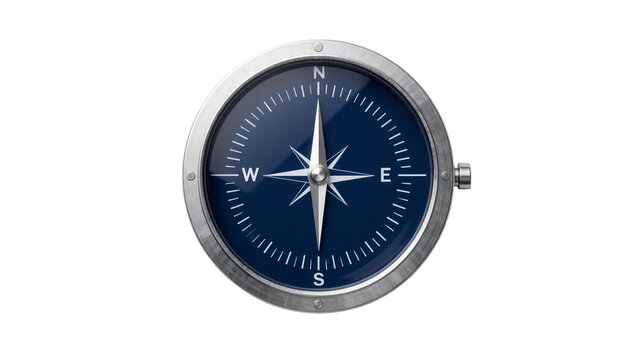 Metal compass with blue dial and white needle, isolated on transparent background