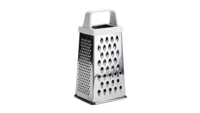 Shiny metal box grater with white plastic handle, isolated on transparent background