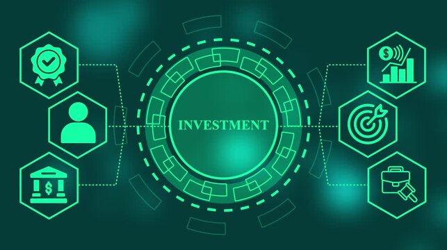 Futuristic Green  Investment Infographic with Finance and Business Icons on Dark Green Background.Investment  Green Strategy Concept: Bank, Profit Chart, Goal and Investor Icons