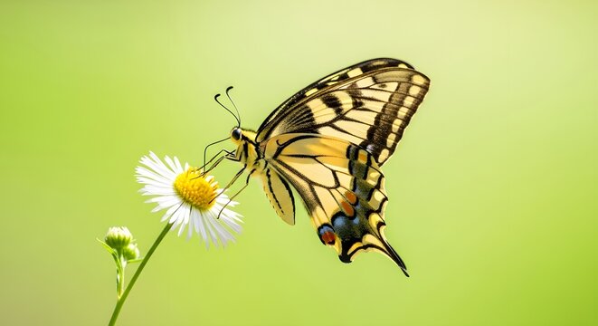 Elegant Swallowtail Butterfly perched on a white daisy flower with a soft green bokeh background, ideal for nature conservation articles and perfect for spring-themed marketing materials.