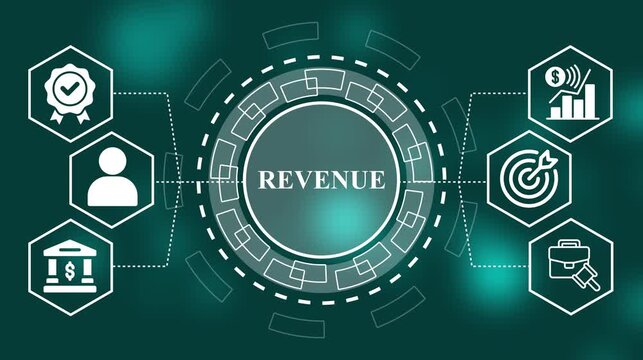 Revenue Sliver Color Concept Animation with Business Finance Icons, Red HUD Style on Dark Background.Futuristic Sliver Hexagon Icons Around Revenue Text, Business Finance Motion Graphic