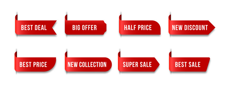 Sale tags with discount offers and promotional labels.