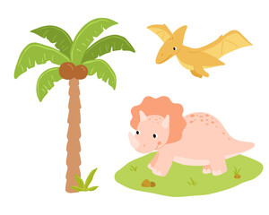 Cute cartoon dinosaur tyrannosaurus and pterodactyl vector illustrations for kids. Funny dino character for nursery decor, baby animal with palm tree © Elena