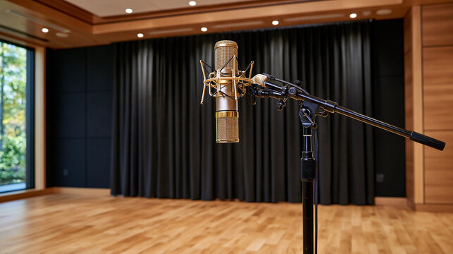 Empty vocal recording studio with a professional microphone suspended from a shock mount, acoustic panels and wooden floor, microphone placed toward the lower right, expansive clean wall area for co