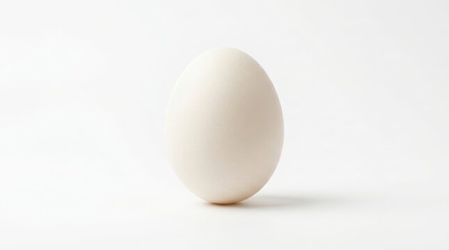 Single fresh organic white chicken egg standing upright isolated on a clean bright white background