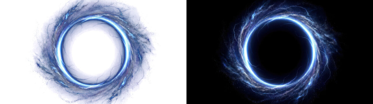 Png of abstract blue energy portal or cosmic black hole with glowing particles and swirling nebula light effects, isolated on transparent background