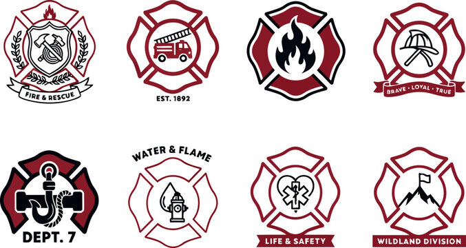 Firefighter maltese cross badges set featuring red and black emblems for emergency rescue.