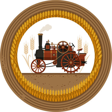 Pixel art emblem featuring a vintage steam traction engine in a field of wheat, surrounded by a circular frame of wheat stalks. Agricultural heritage symbol