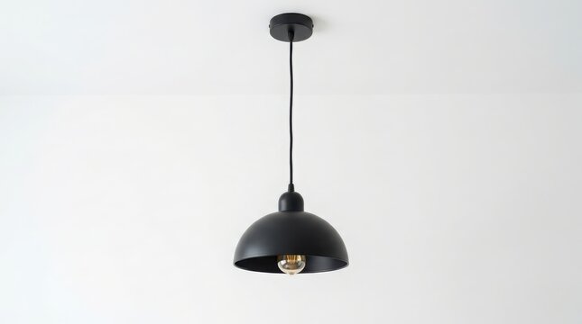 Modern black metal pendant light hanging lamp with a vintage light bulb isolated on a plain white background