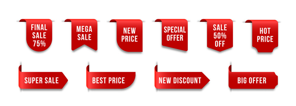 Retail promotion badges with special offers and price labels.