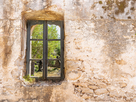 Blick durch ein Fenster aus einer Ruine mit Sicht auf einen verwilderten Garten mit Olivenb&auml;umen