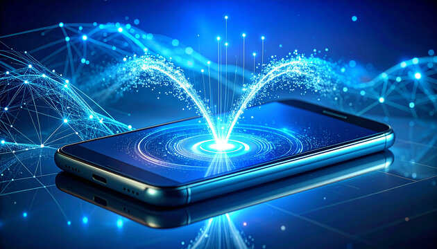 Futuristic Smartphone Connectivity: A sleek, modern smartphone emits a glowing blue digital energy pulse, symbolizing advanced technology and global network connectivity, creating an abstract.